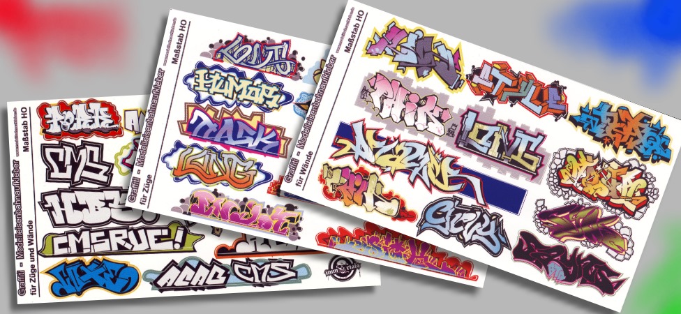 drei verschiedene Graffitiaufkleberbögen